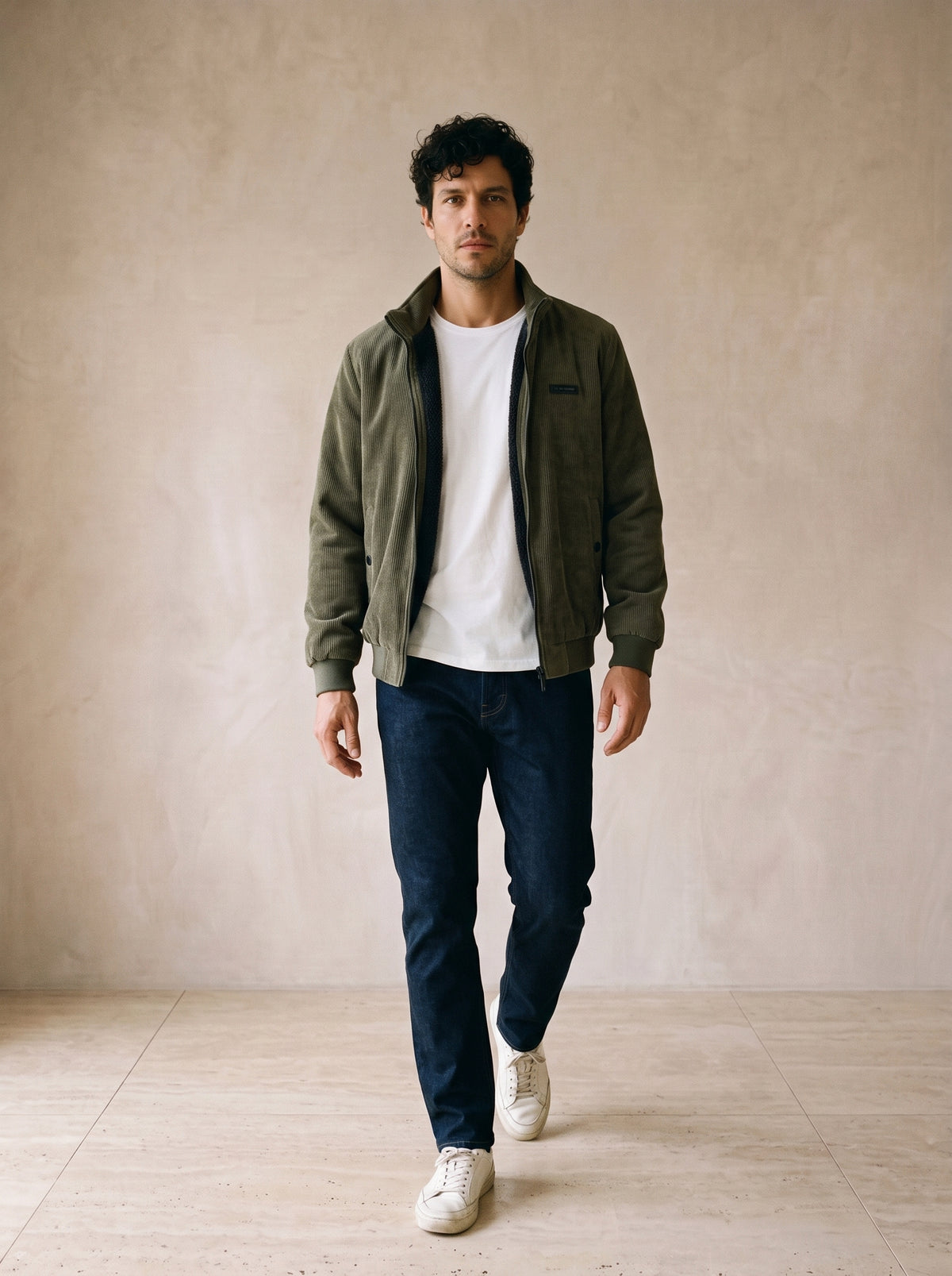 Verde-escuro | Jaqueta aveludada Piran verde-escuro – corpo inteiro, modelo caminhando