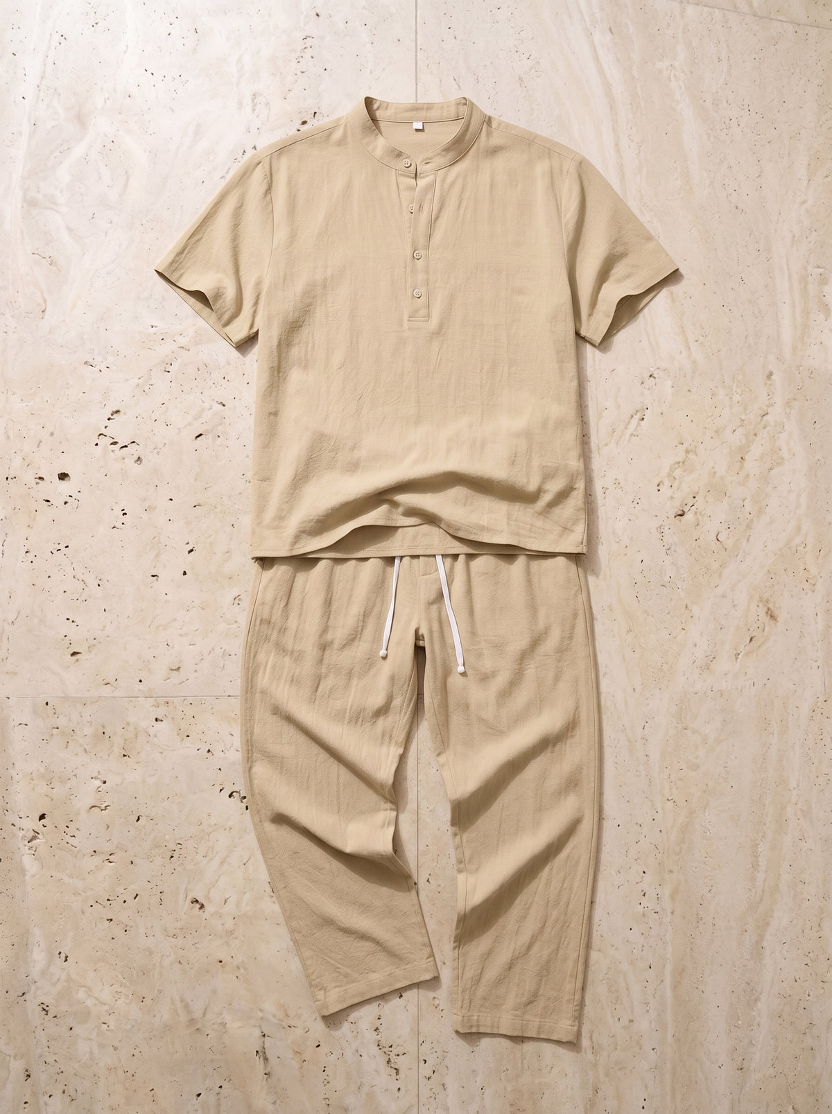 Cáqui | Conjunto bata henley e calça de algodão Pollença cáqui – peça sozinha vista de cima
