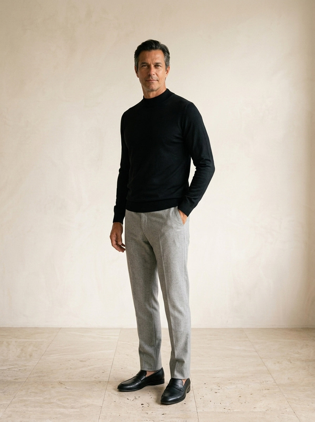Preto | Suéter meia gola de viscose Pontresina preto – vista três quartos