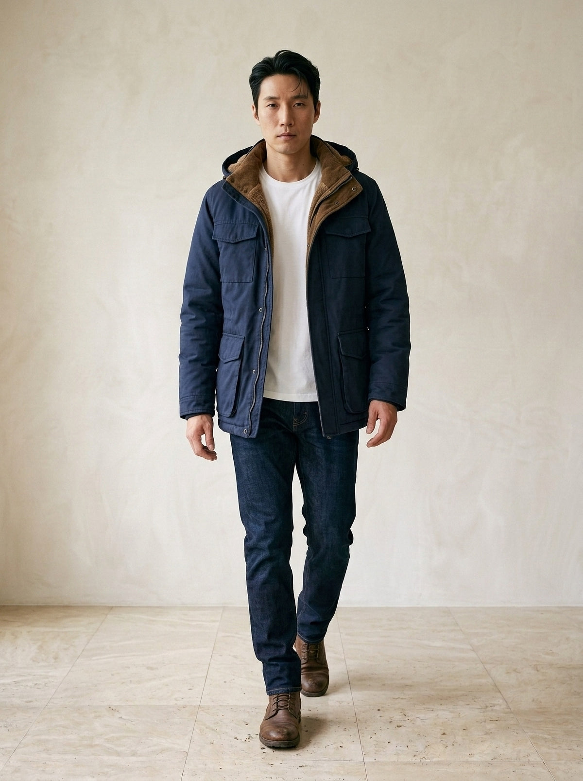 Azul-marinho | Parka com capuz forrada Porvoo azul-marinho – corpo inteiro, modelo caminhando