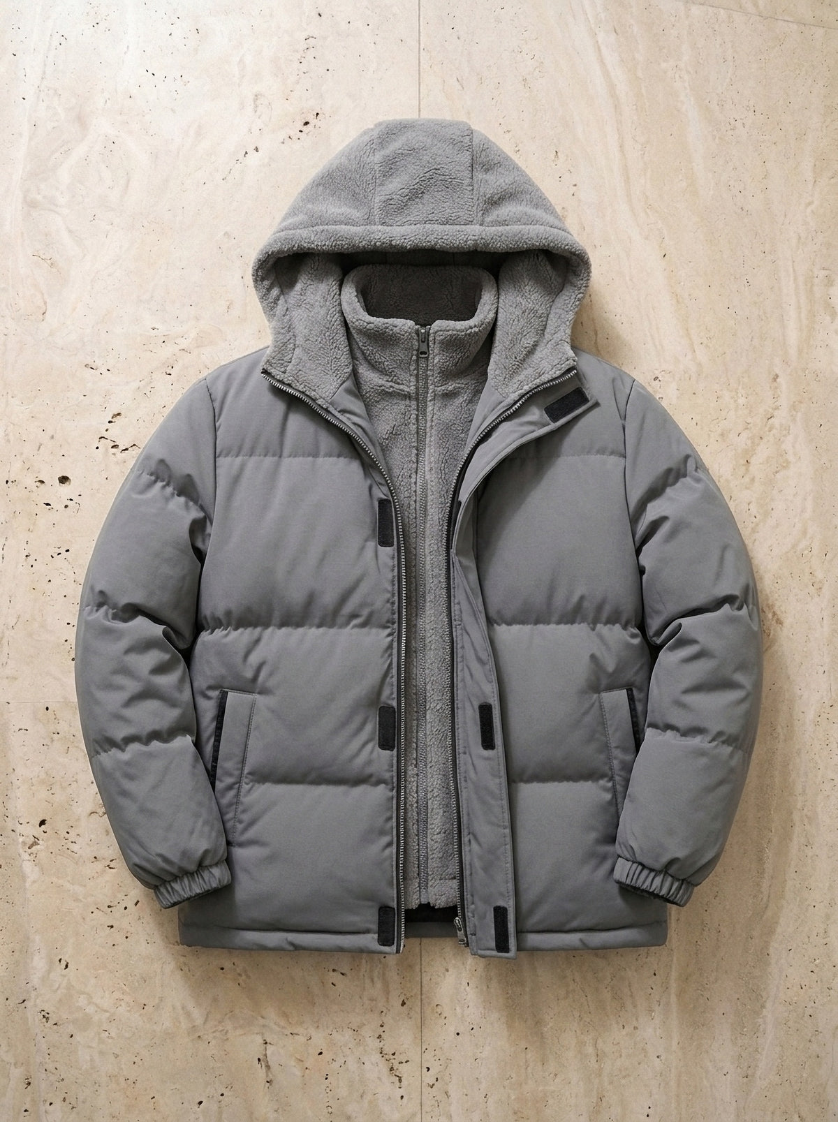 Cinza | Jaqueta puffer com capuz Prato cinza – peça sozinha vista de cima
