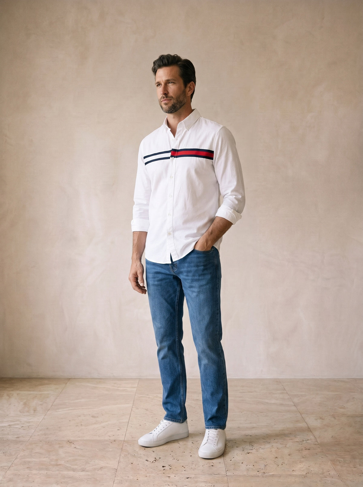 Branco | Camisa oxford com faixa Ravello branco – vista três quartos