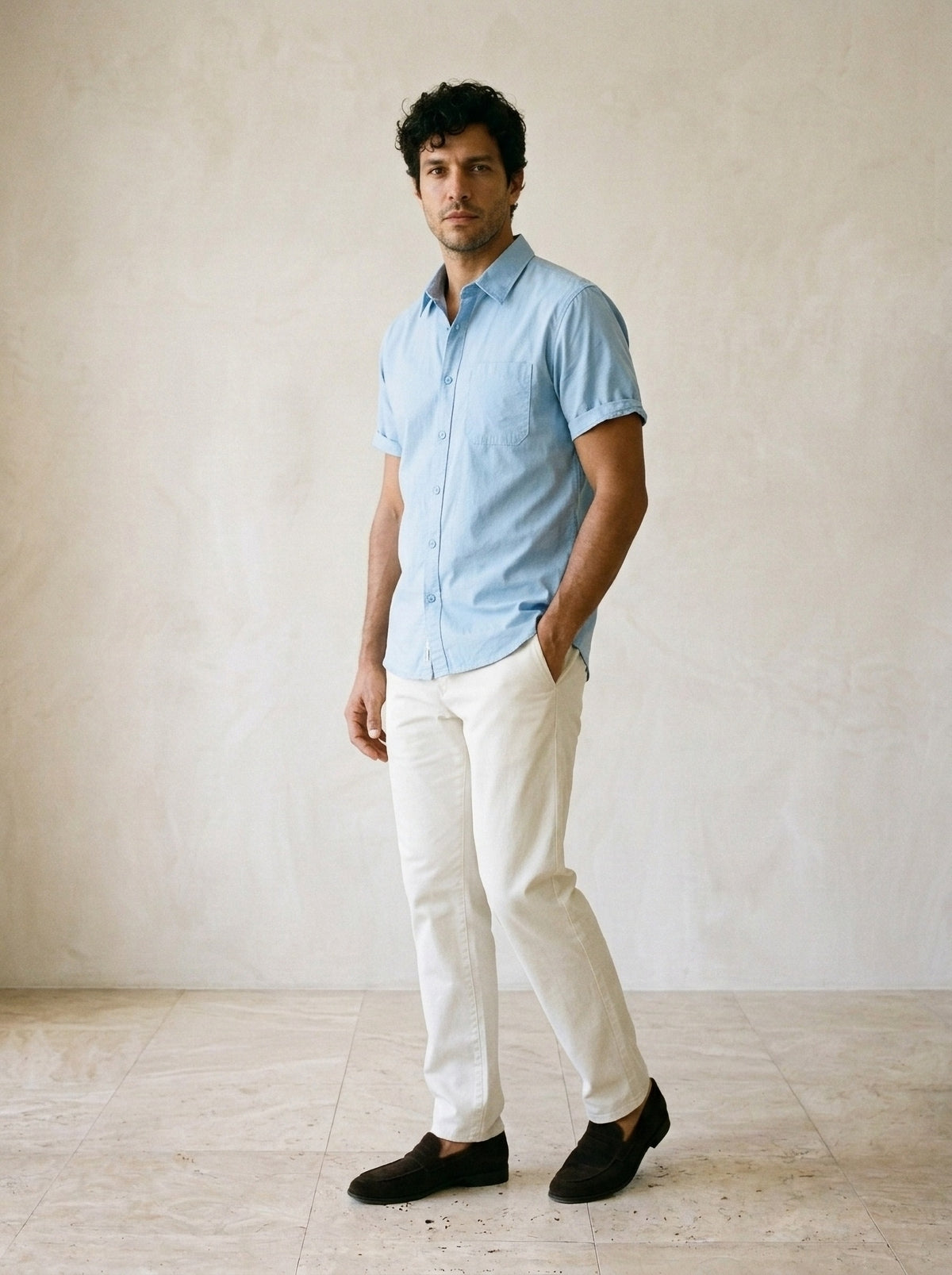 Azul | Camisa social slim Riquewihr azul – vista três quartos