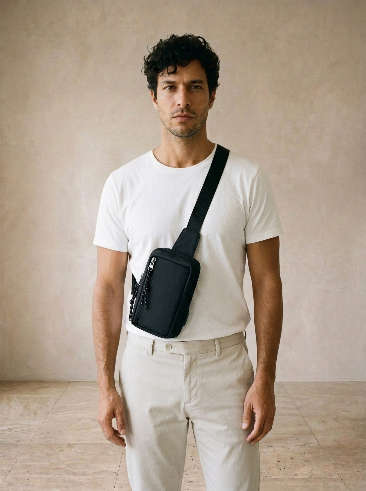 Preto | Bolsa de ombro de nylon Ruse preto – modelo com a bolsa, vista de frente