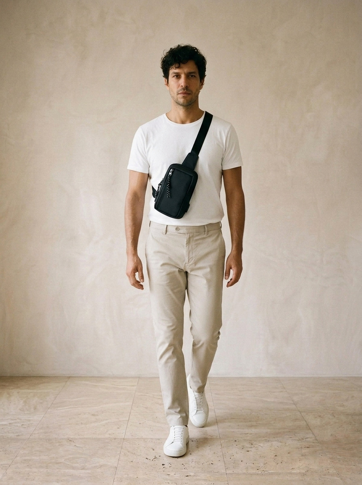 Preto | Bolsa de ombro de nylon Ruse preto – modelo caminhando com a bolsa
