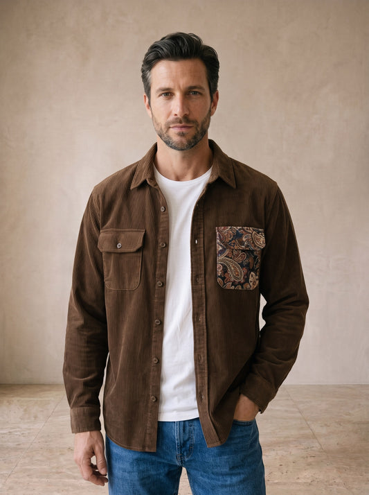 Café | Camisa de veludo cotelê com bolso estampado Saint-Tropez café – vista de frente, recorte próximo