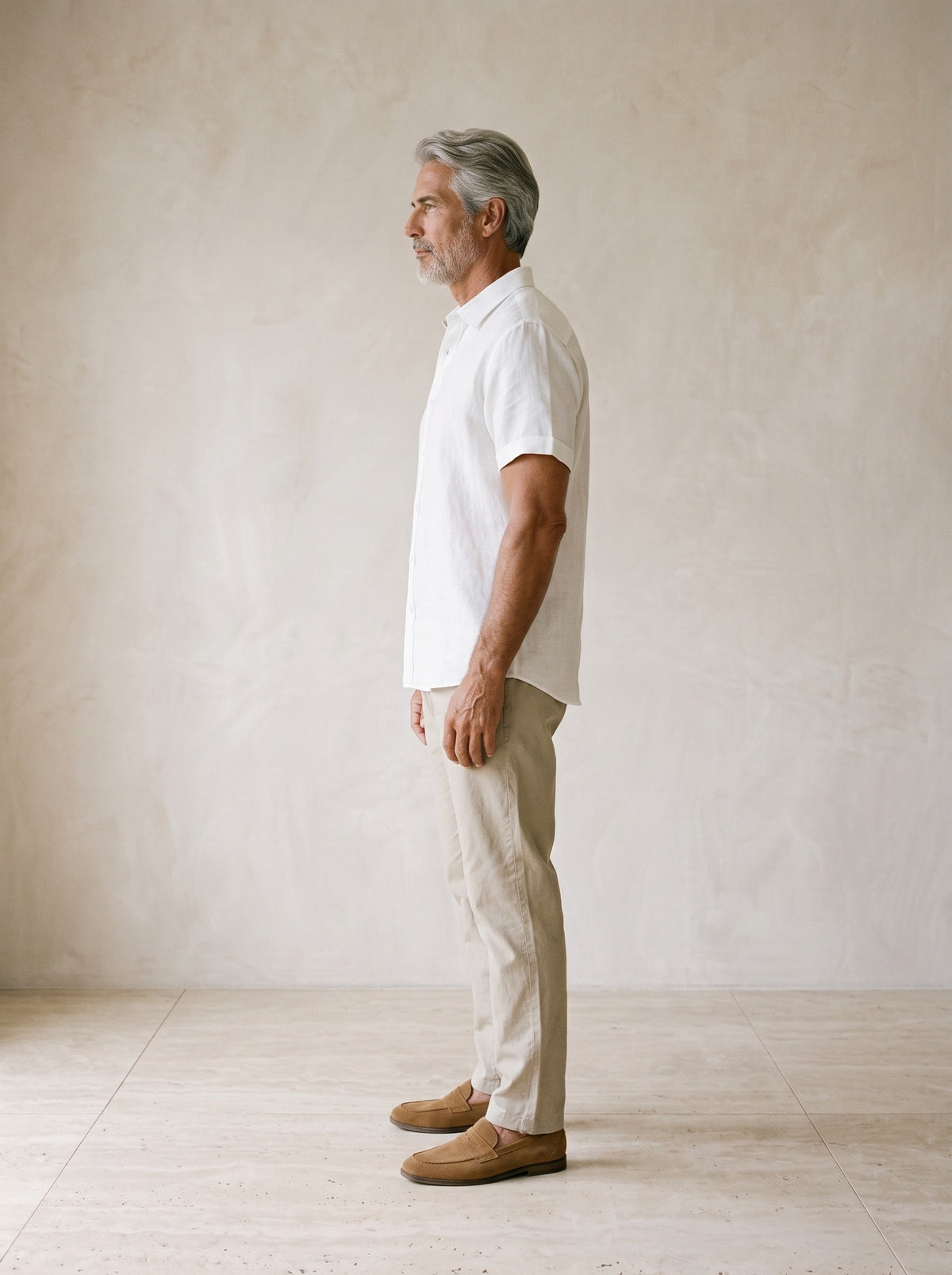 Branco | Camisa de linho manga curta Salamanca branco – vista de perfil