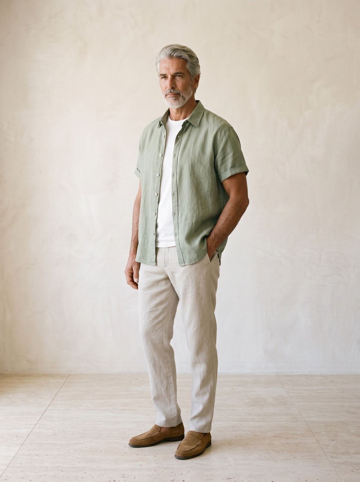 Verde | Camisa de linho manga curta Salamanca verde – vista três quartos