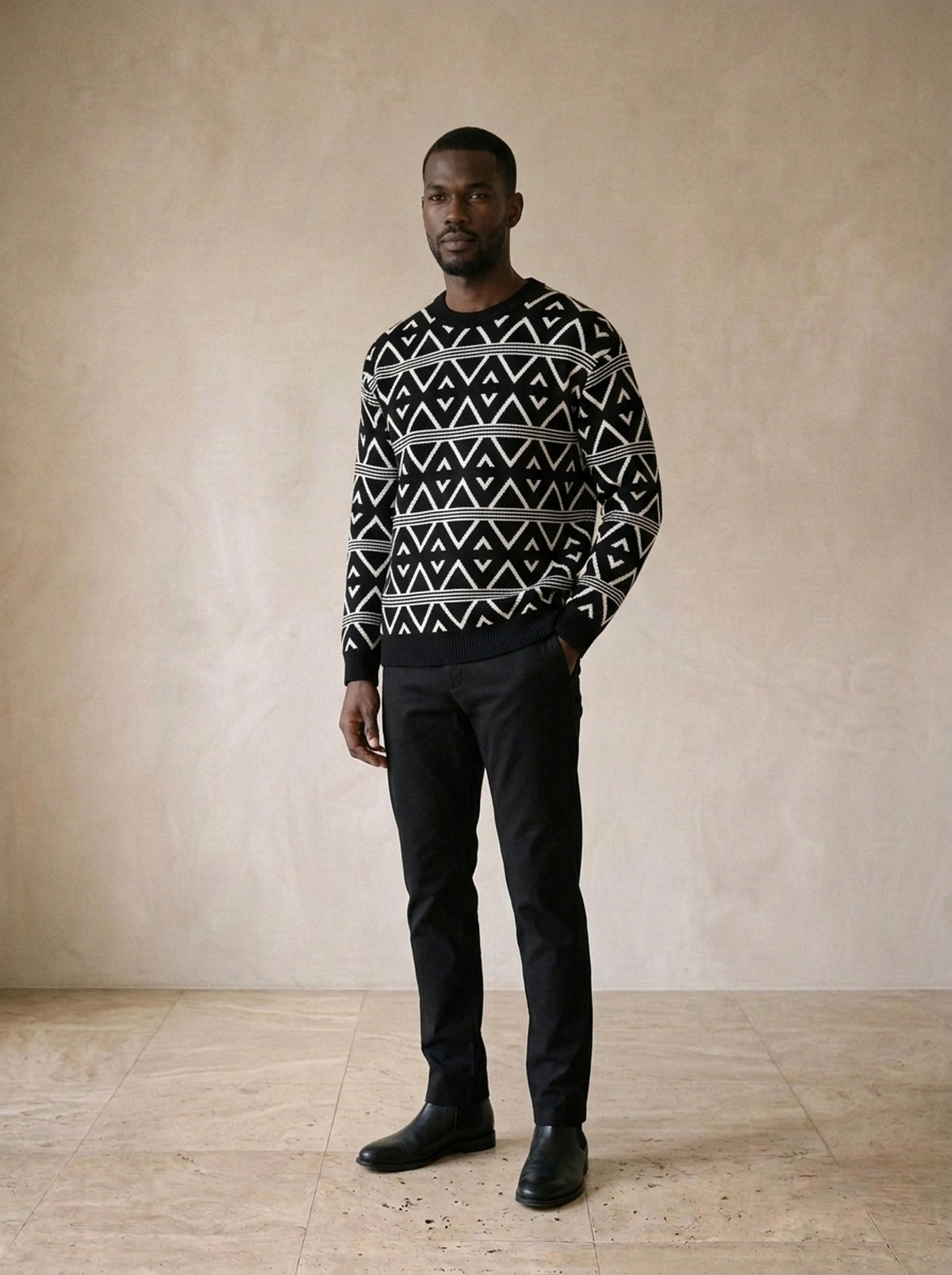 Preto | Suéter jacquard zigue-zague Sion preto – vista três quartos