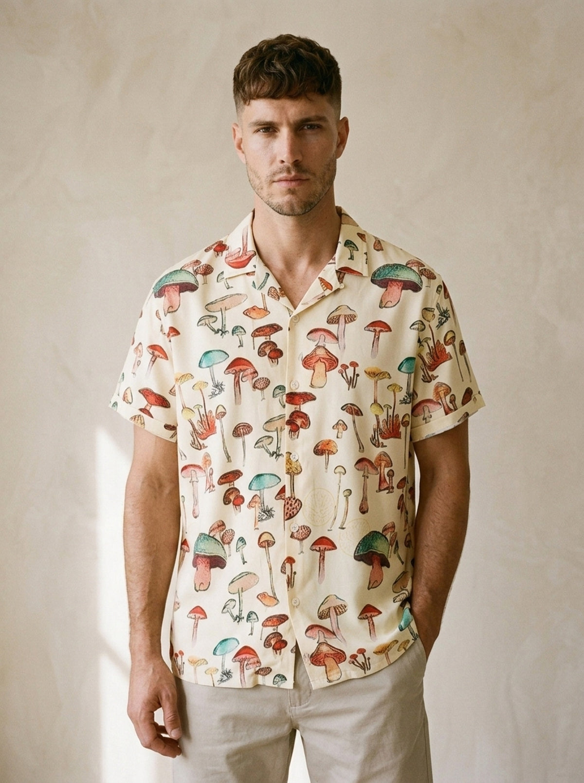 Camisa estampa cogumelos Sitges – vista de frente, recorte próximo