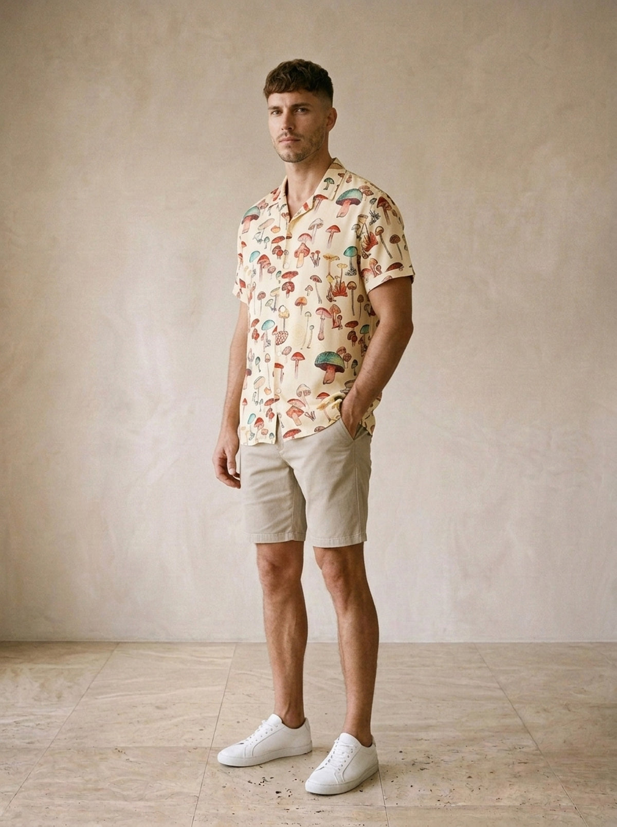 Camisa estampa cogumelos Sitges – vista três quartos