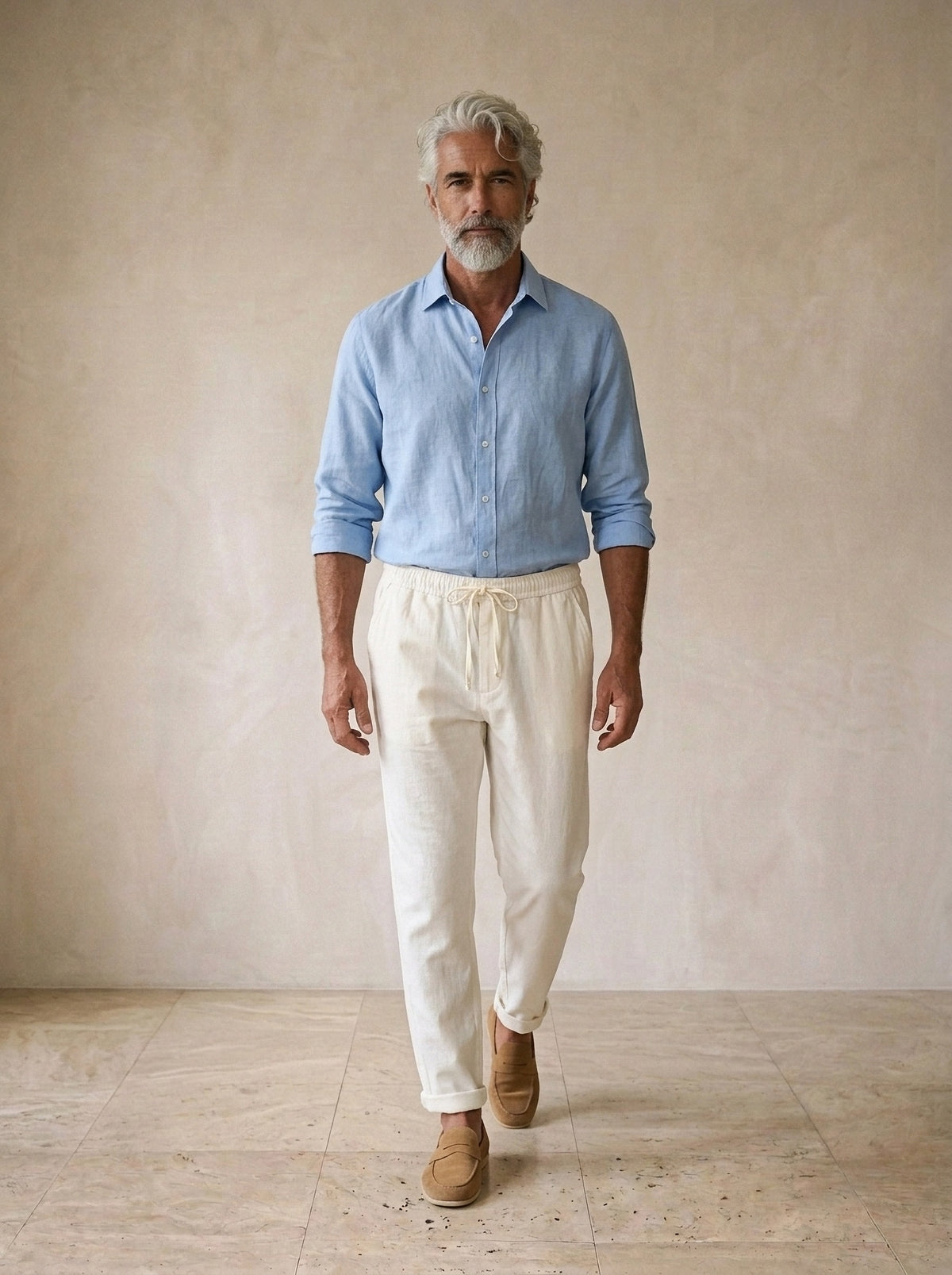 Branco | Calça de linho Sortelha branco – corpo inteiro, modelo caminhando