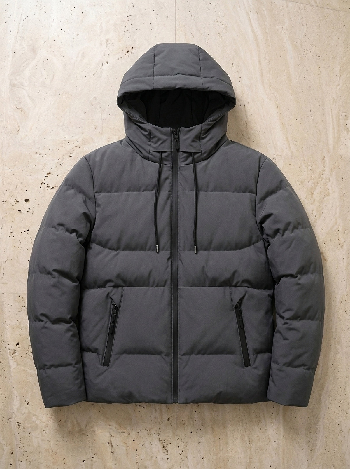 Cinza | Jaqueta puffer com capuz Spoleto cinza – peça sozinha vista de cima