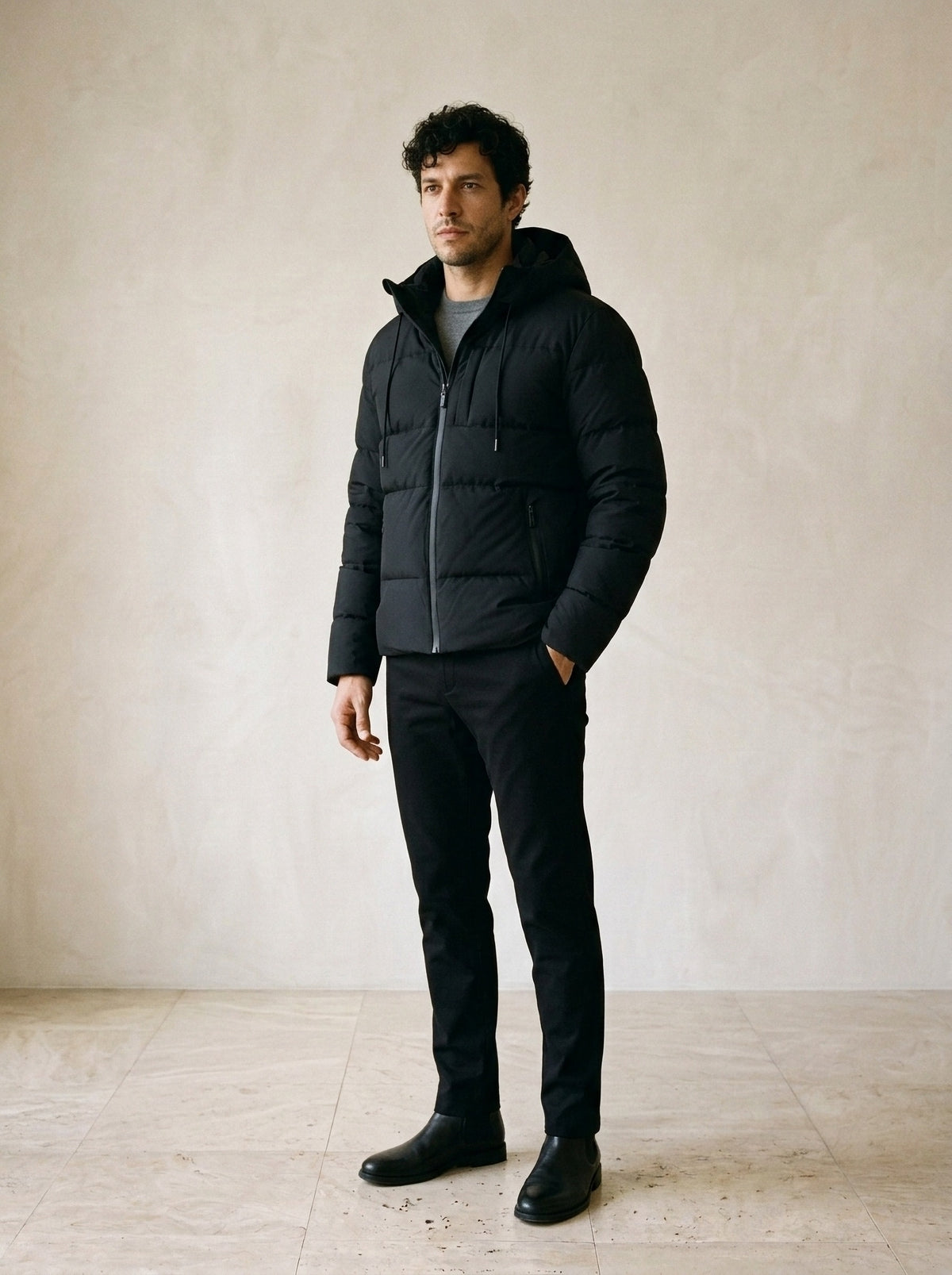 Preto | Jaqueta puffer com capuz Spoleto preto – vista três quartos
