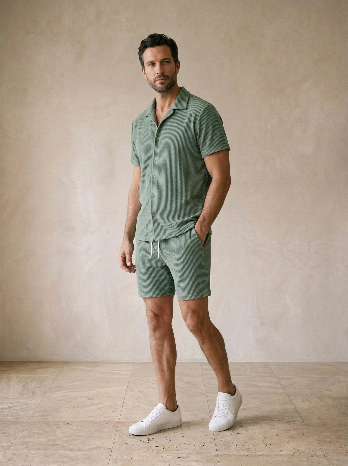 Verde | Conjunto de camisa e short Stintino verde – vista três quartos