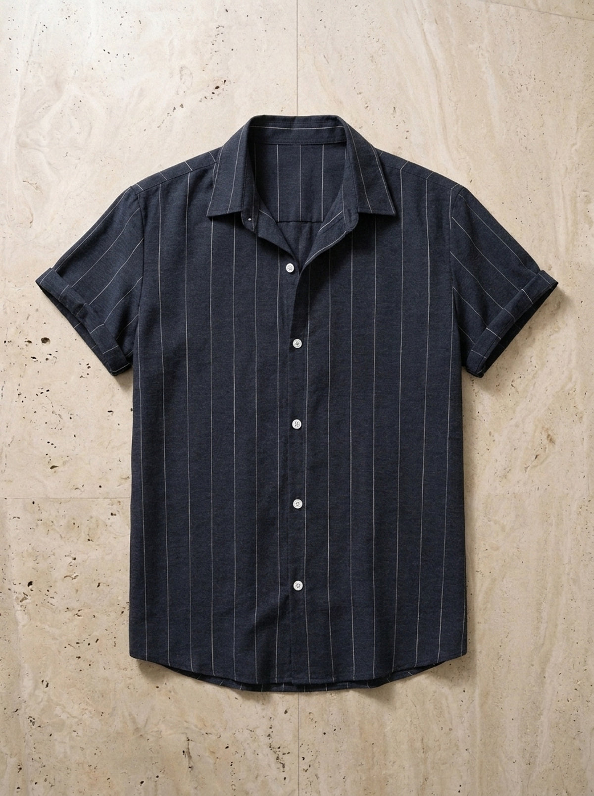 Azul-marinho | Camisa risca de giz Tenerife azul-marinho – peça sozinha vista de cima
