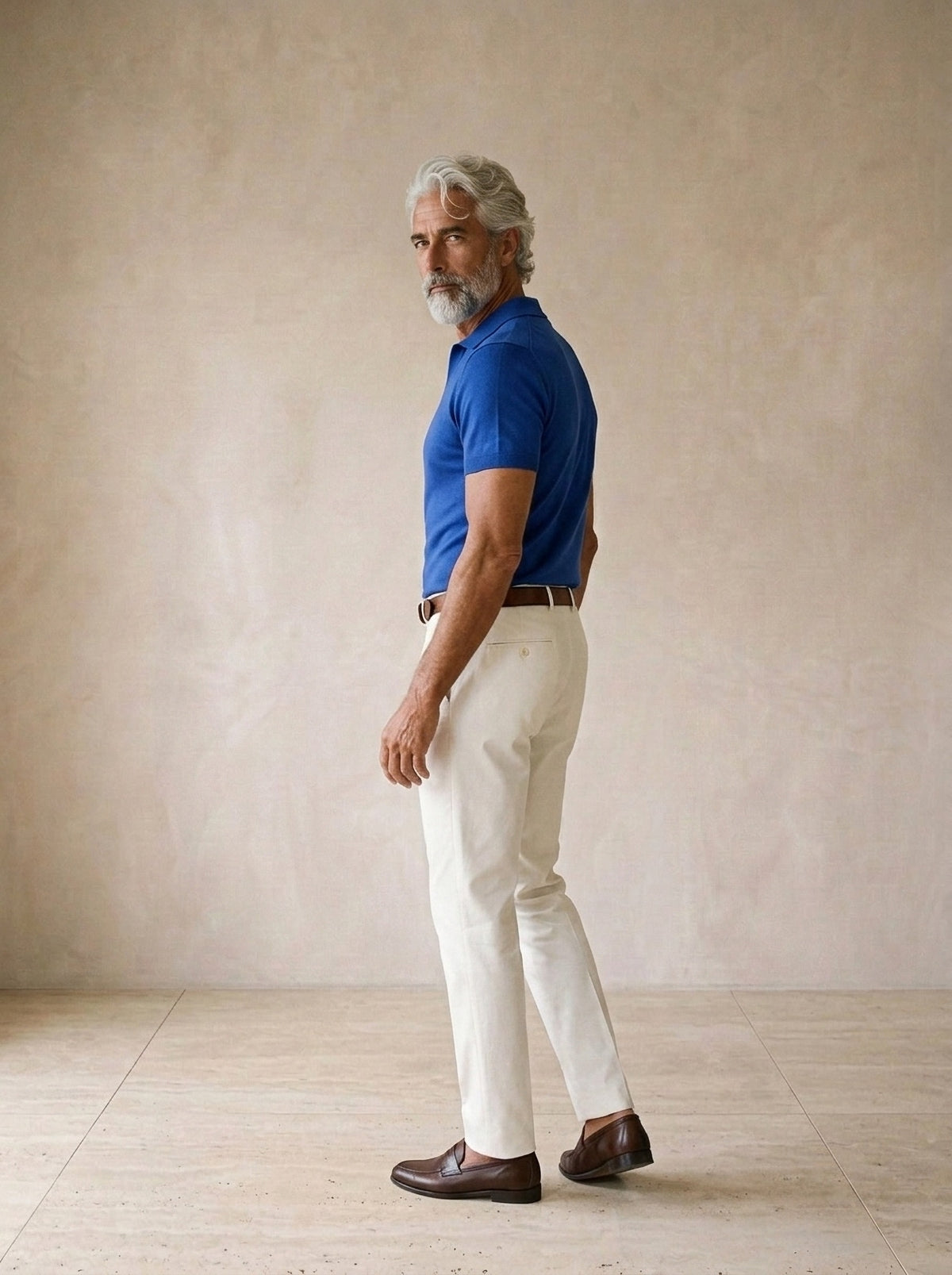 Azul | Camisa polo lisa Tomar azul – costas, olhando por cima do ombro