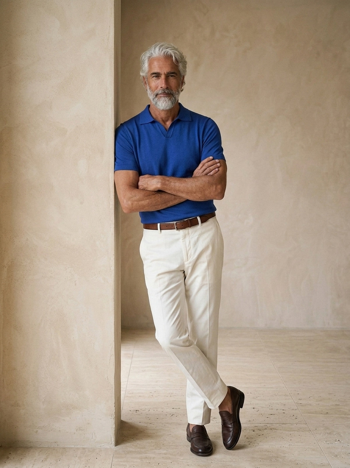 Azul | Camisa polo lisa Tomar azul – modelo encostado na parede