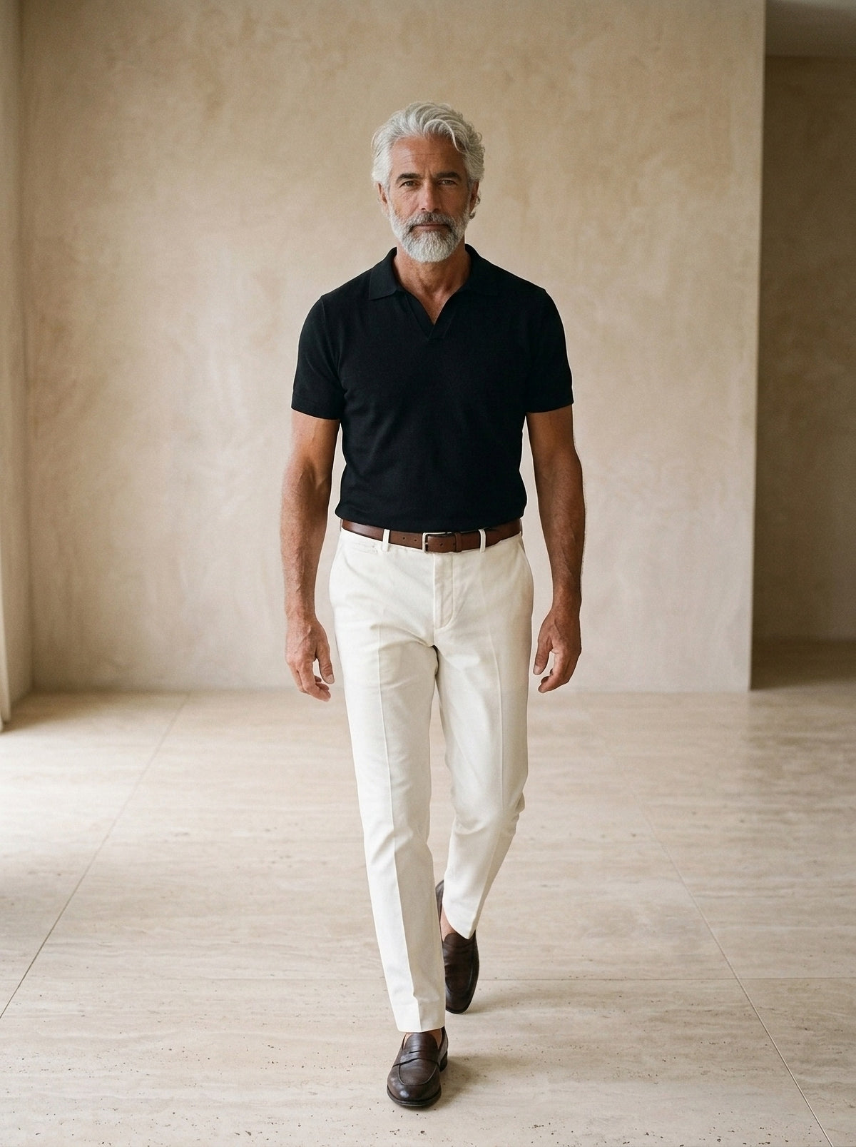Preto | Camisa polo lisa Tomar preto – corpo inteiro, modelo caminhando