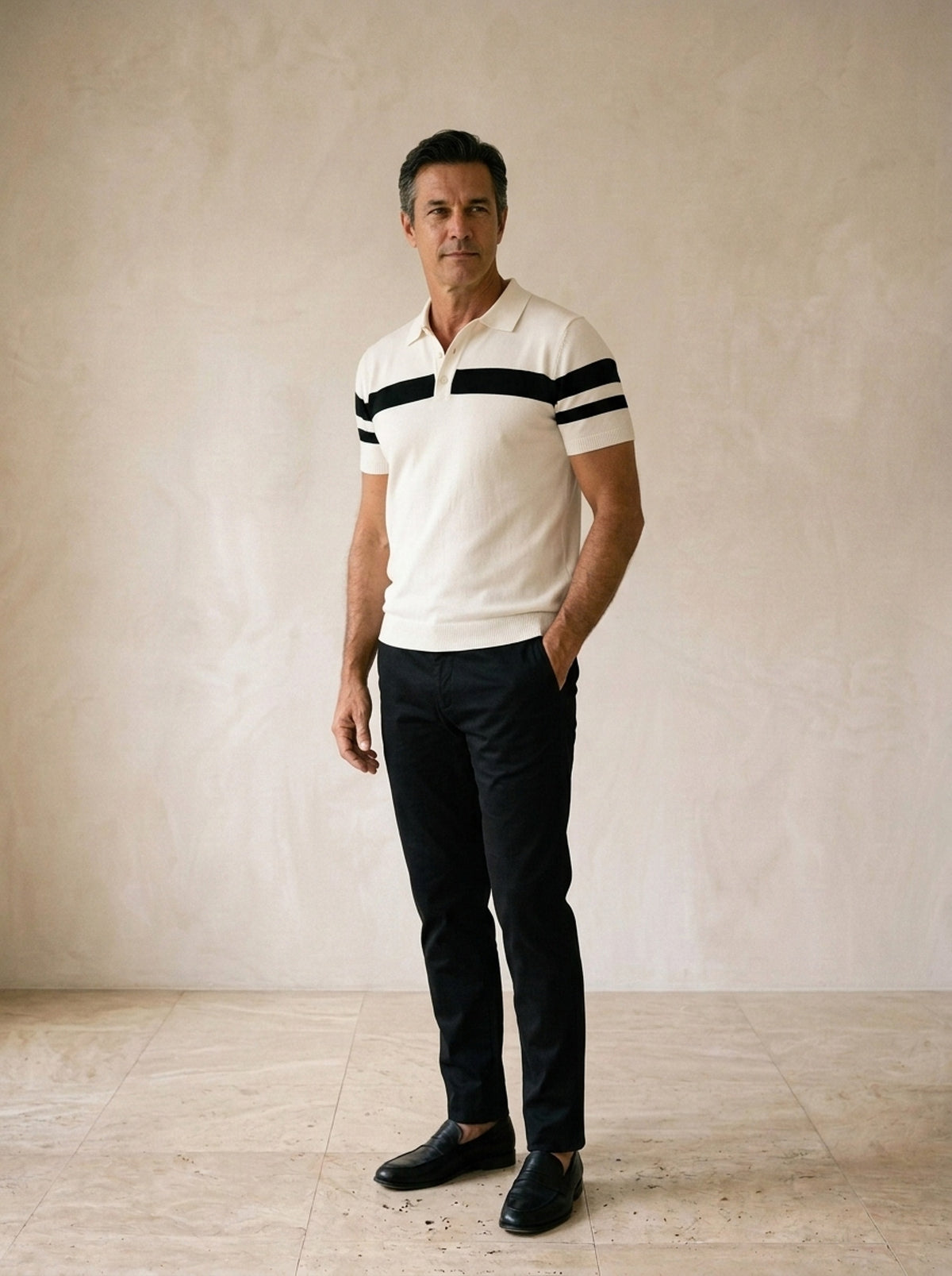 Branco | Polo de tricô com faixa Toulon branco – vista três quartos