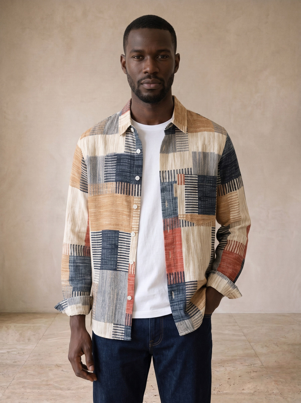 Camisa estampa patchwork Trento – vista de frente, recorte próximo