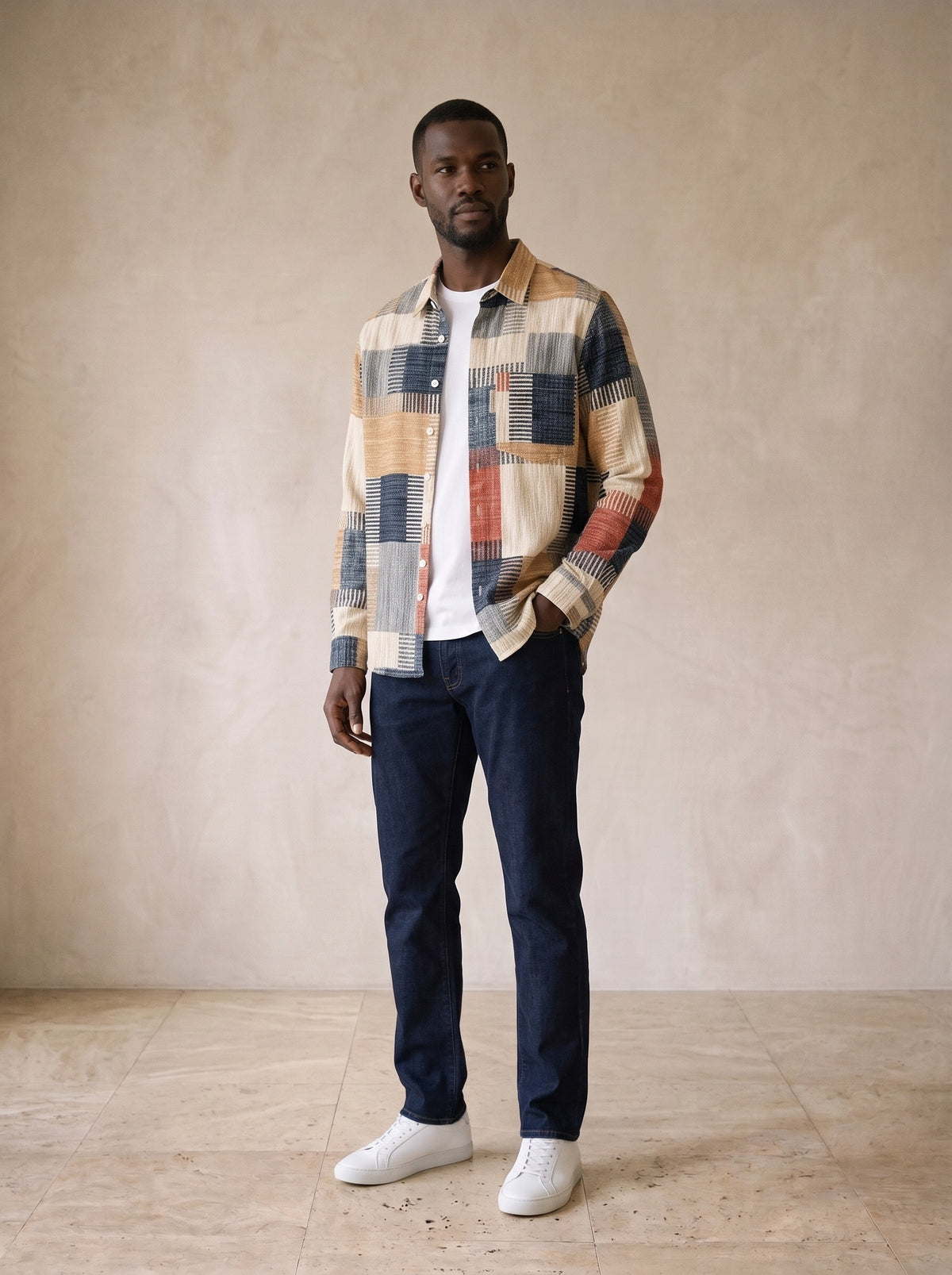 Camisa estampa patchwork Trento – vista três quartos