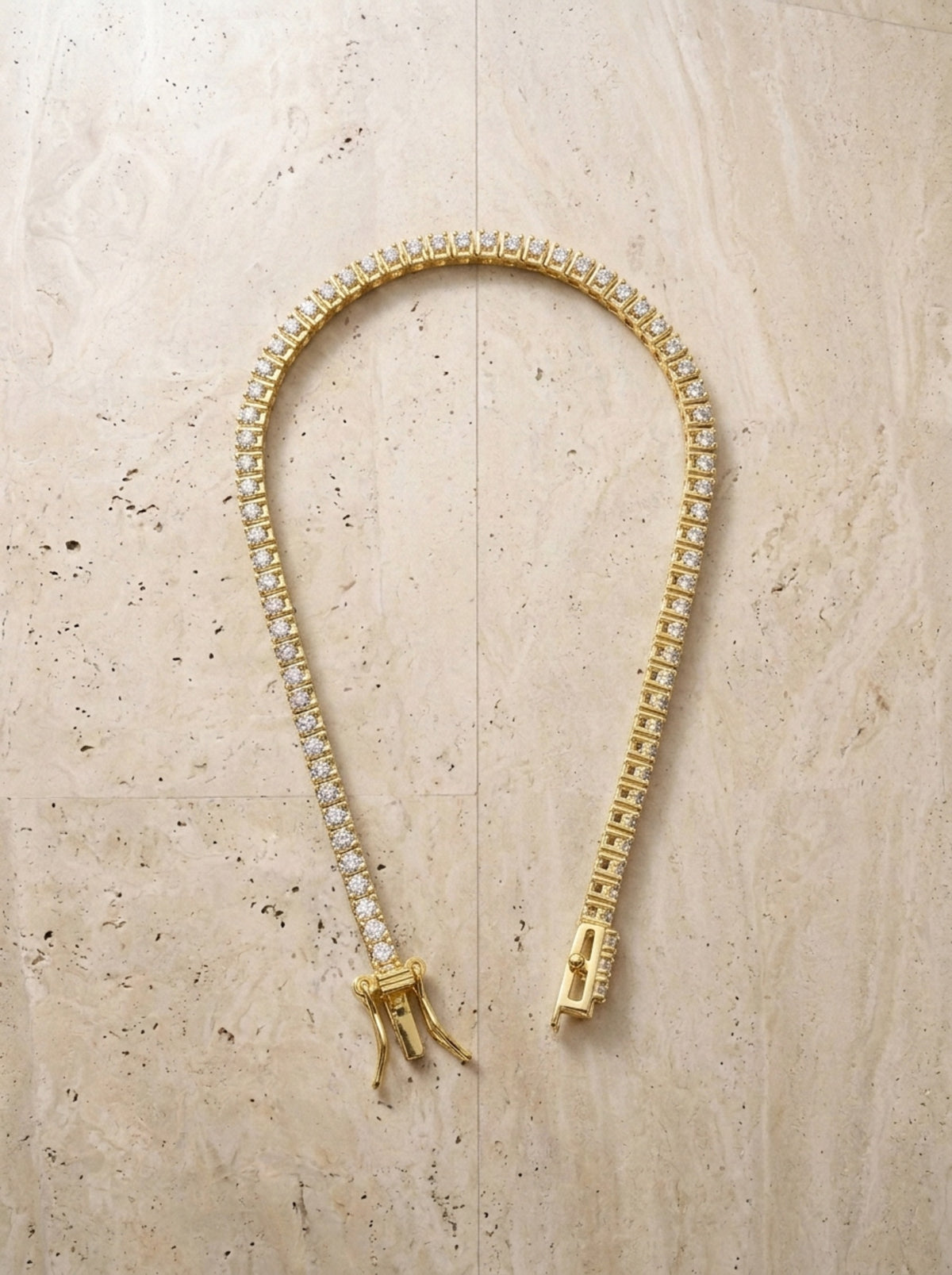 Dourado | Pulseira riviera de prata 925 Trieste dourada – foto real, pulseira aberta com as pontas e o fecho