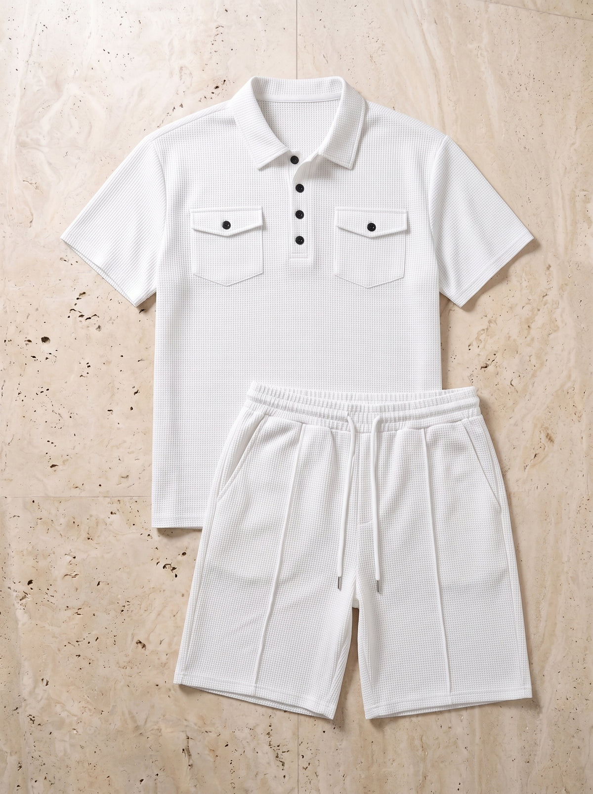 Branco | Conjunto polo waffle com bolsos e short Trogir branco – peça sozinha vista de cima
