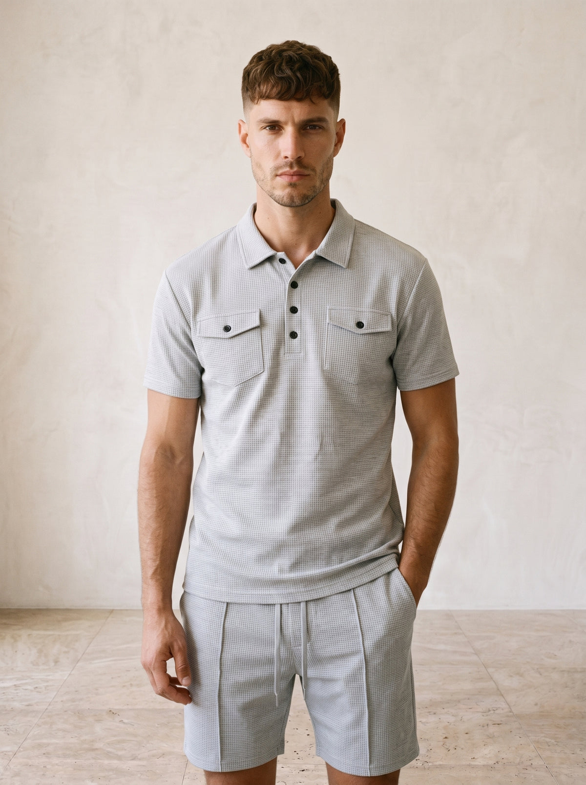 Cinza-claro | Conjunto polo waffle com bolsos e short Trogir cinza-claro – no corpo, vista de frente
