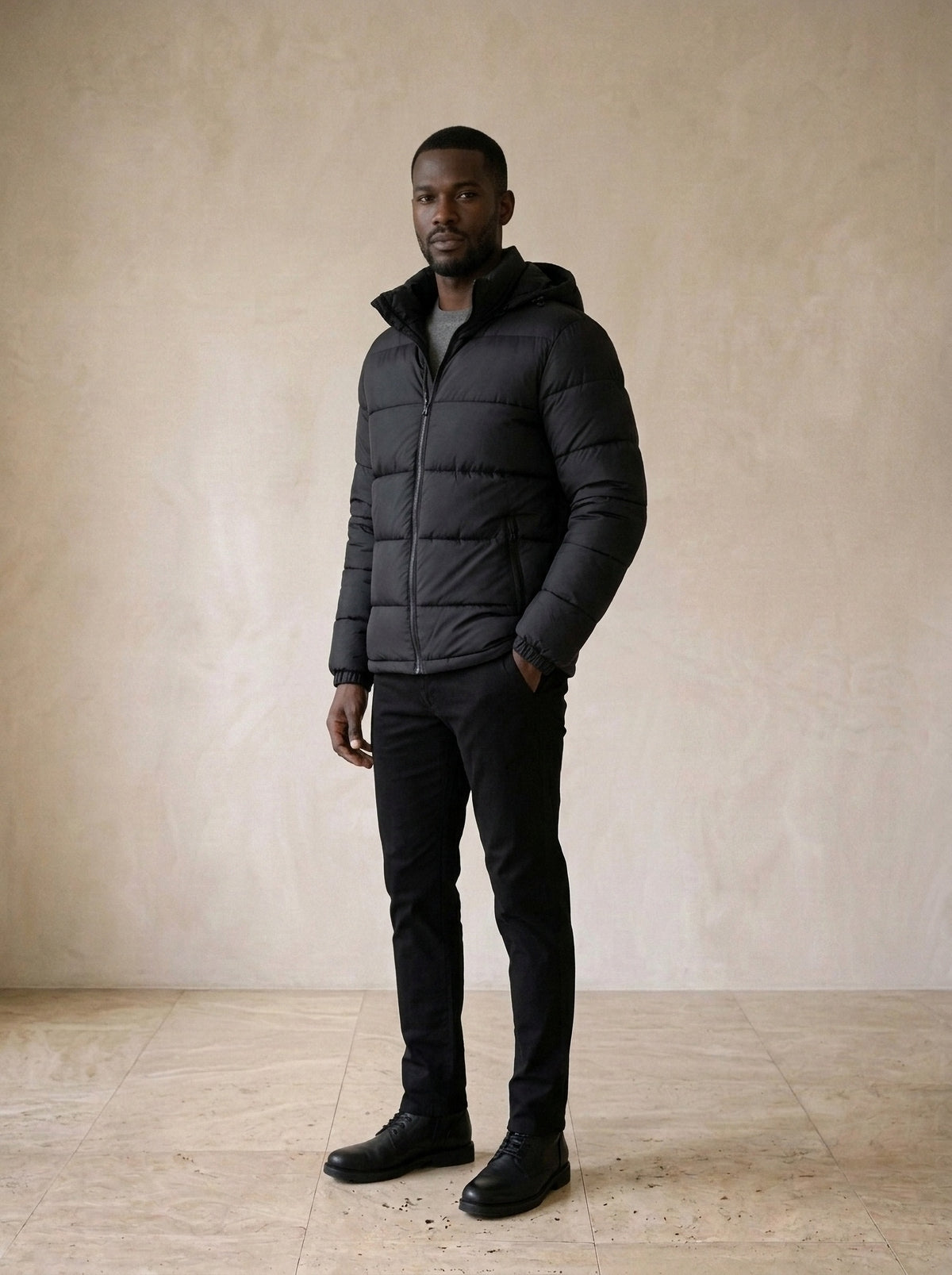 Preto | Jaqueta puffer com capuz removível Turku preto – vista três quartos
