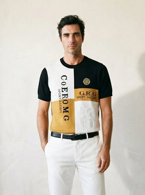 Amarelo | Camiseta de tricot estampada Uzès amarelo – vista de frente, recorte próximo