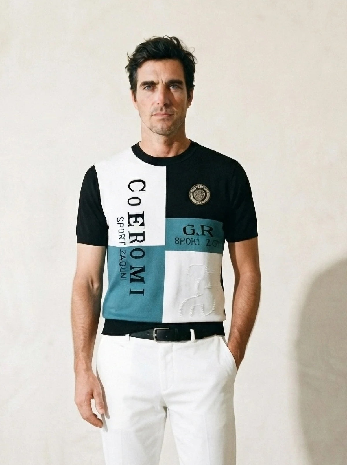 Verde-petróleo | Camiseta de tricot estampada Uzès verde-petróleo – vista de frente, recorte próximo