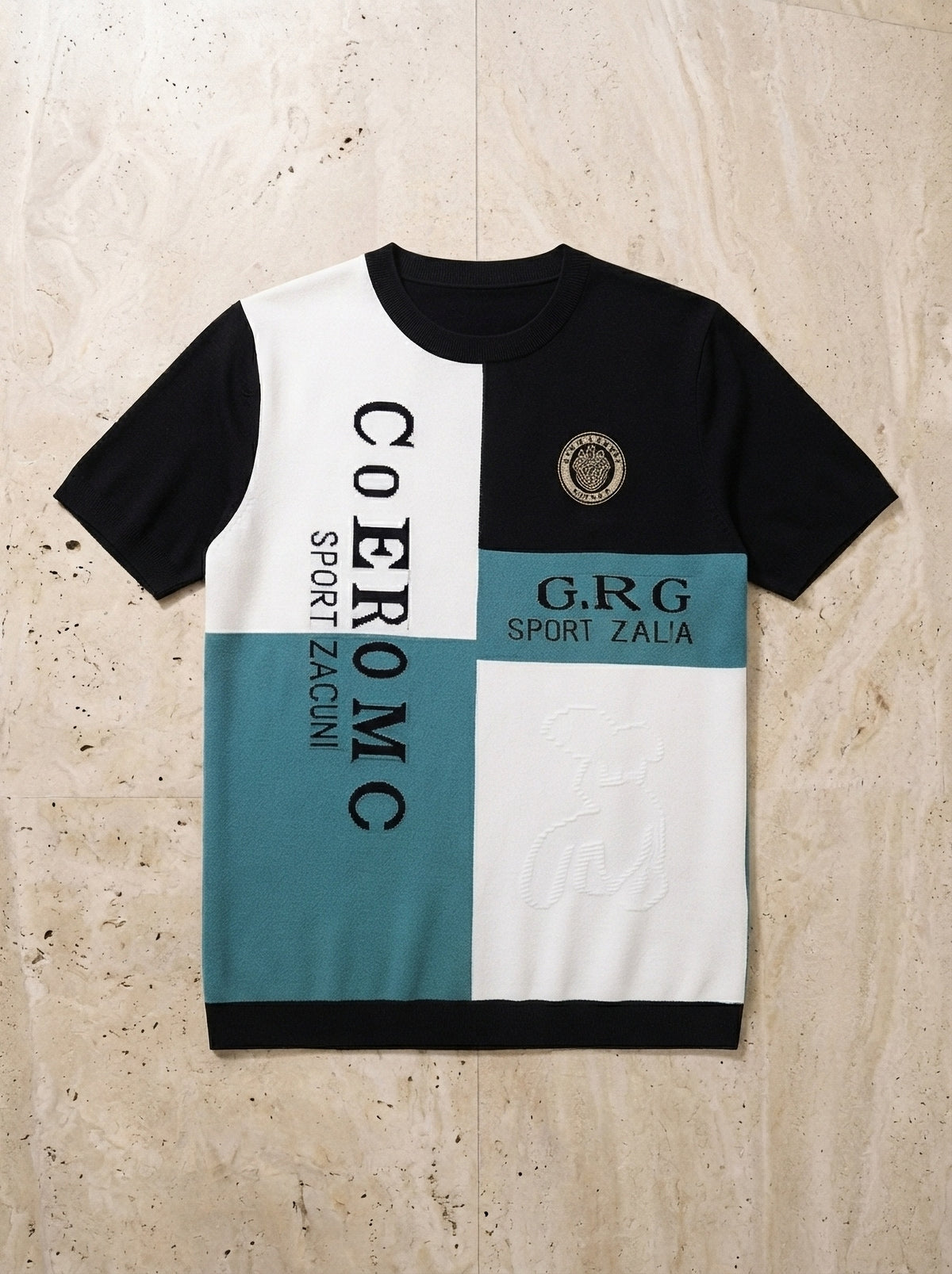 Verde-petróleo | Camiseta de tricot estampada Uzès verde-petróleo – peça sozinha vista de cima