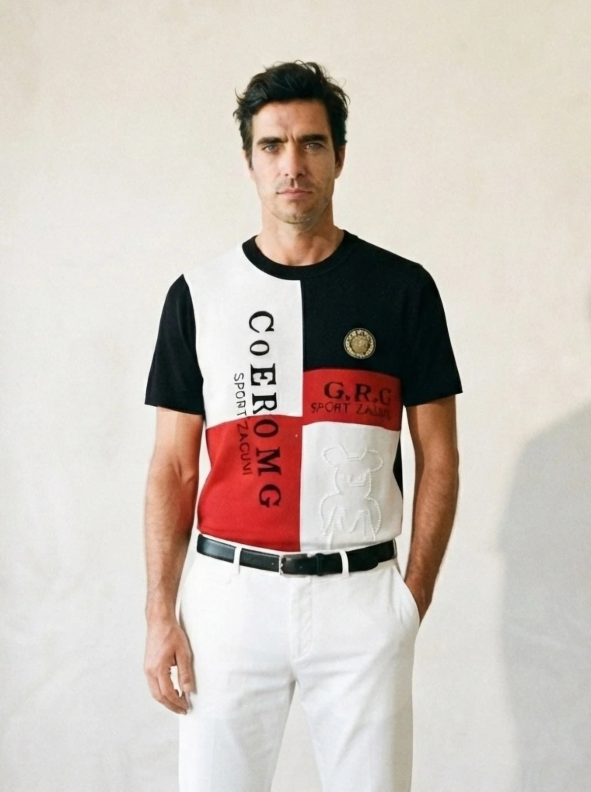 Vermelho | Camiseta de tricot estampada Uzès vermelho – vista de frente, recorte próximo