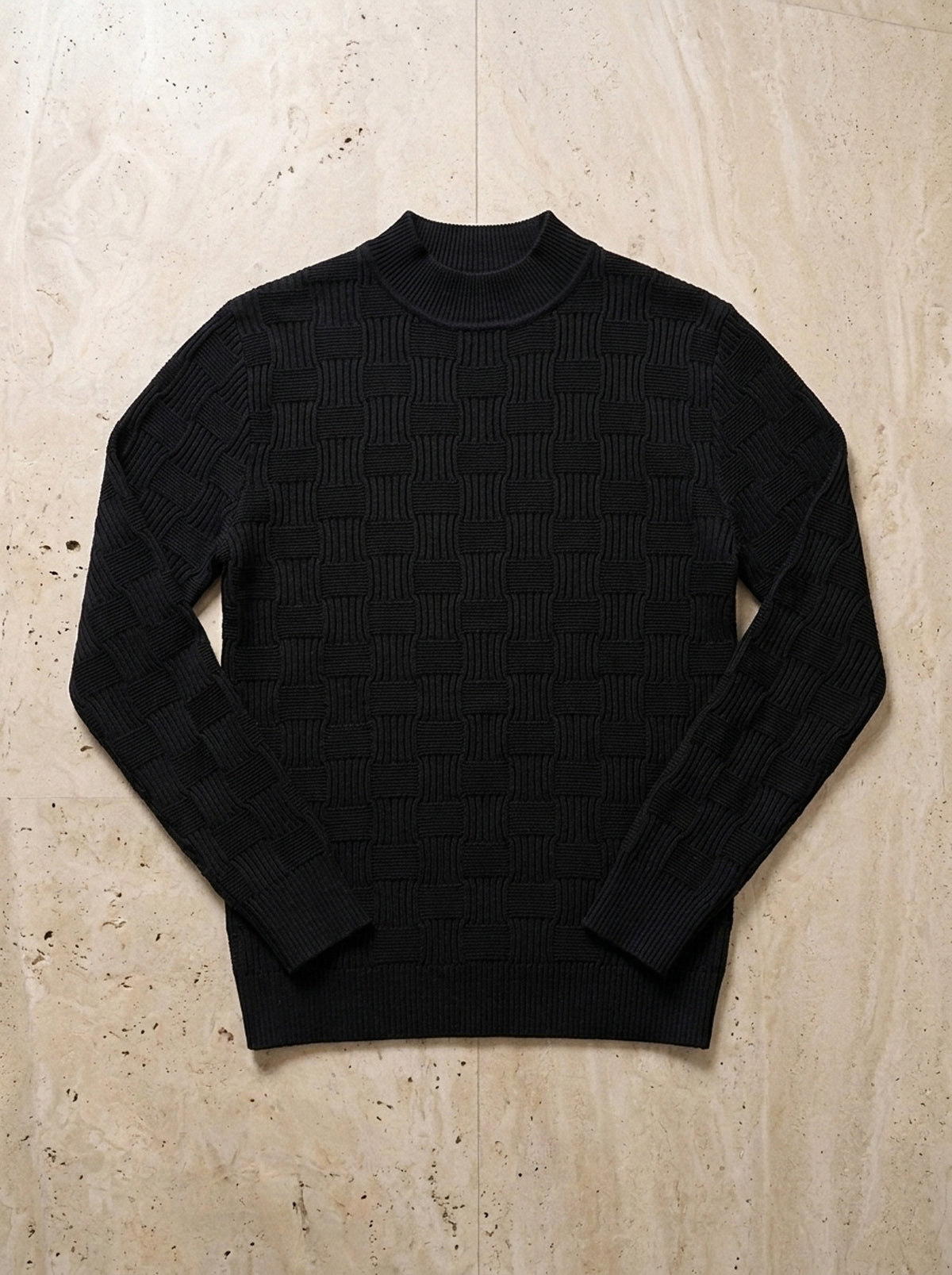 Preto | Suéter texturizado meia gola Valdobbiadene preto – peça sozinha vista de cima