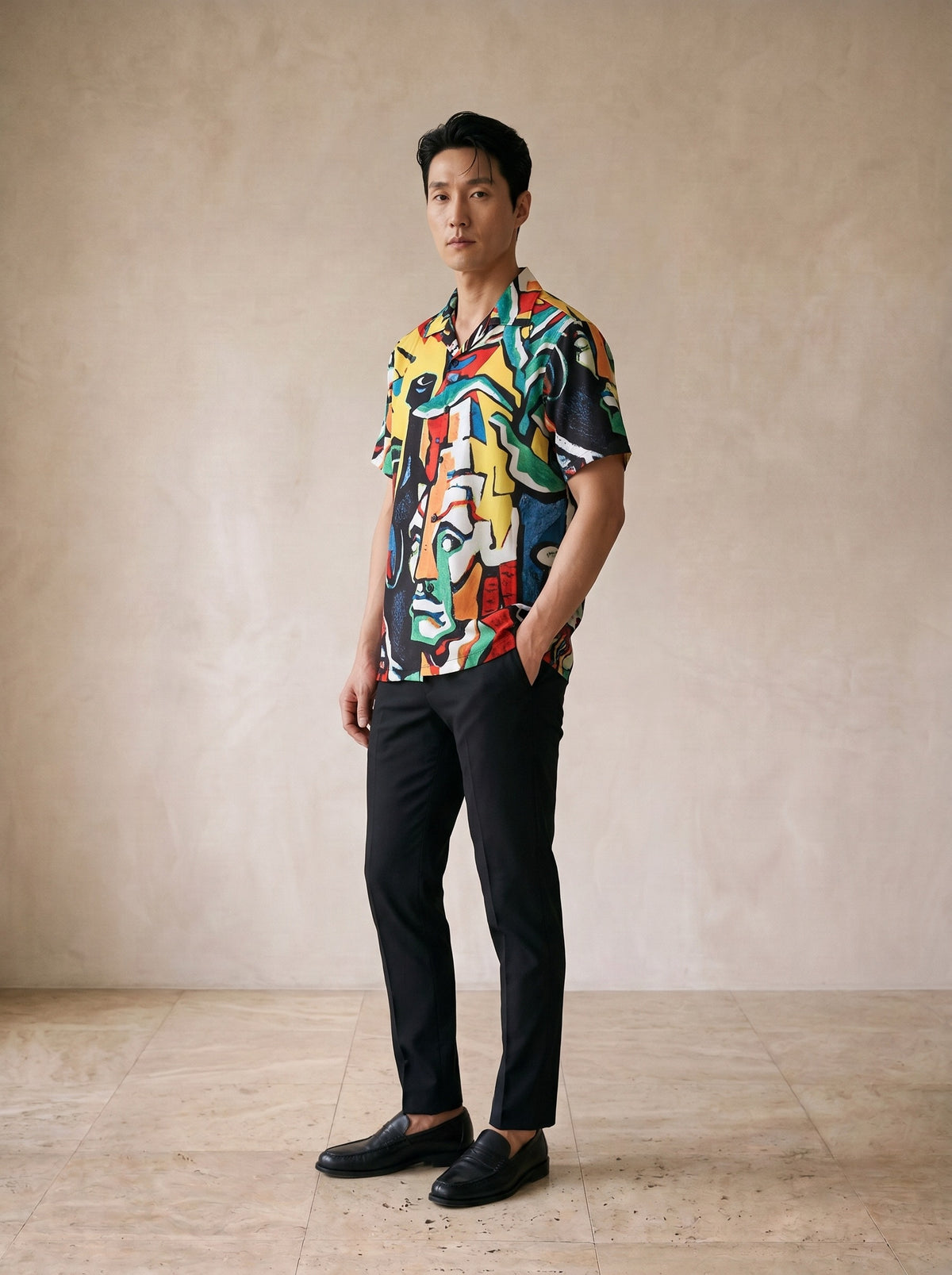 Camisa estampa cubista Valência – vista três quartos