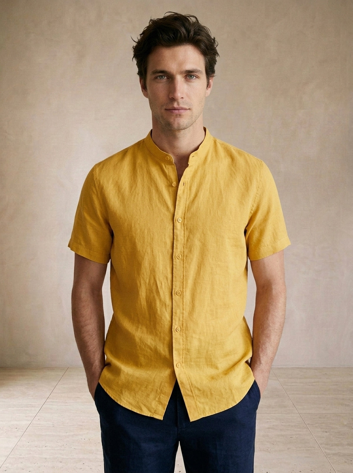 Amarelo | Camisa social de linho e algodão slim Valladolid amarelo – vista de frente, recorte próximo
