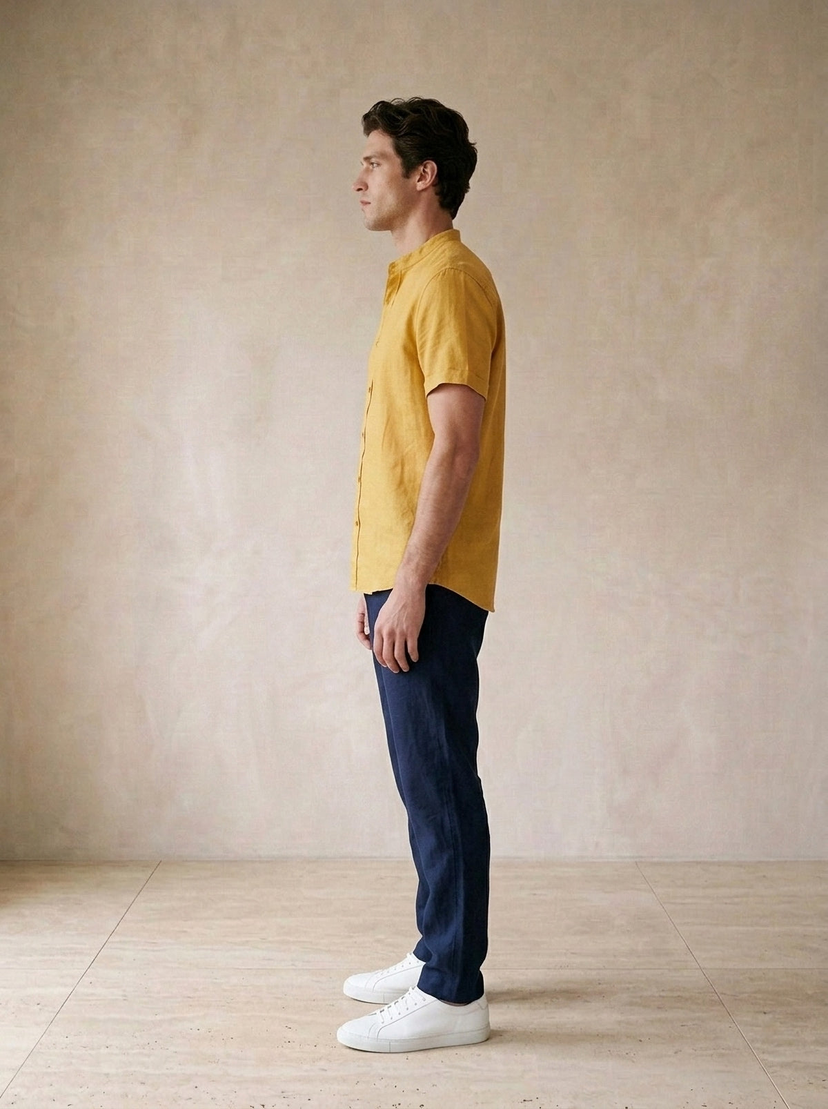 Amarelo | Camisa social de linho e algodão slim Valladolid amarelo – vista de perfil
