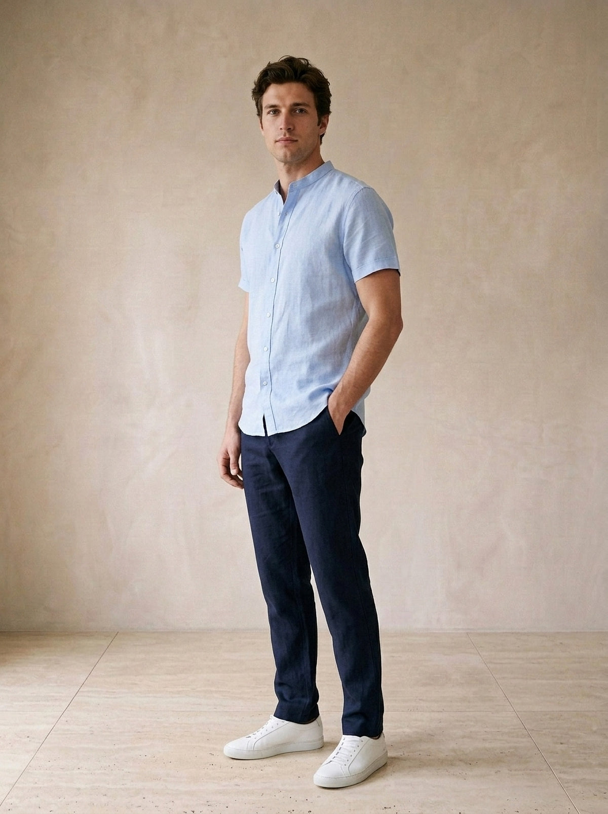 Azul-claro | Camisa social de linho e algodão slim Valladolid azul-claro – vista três quartos