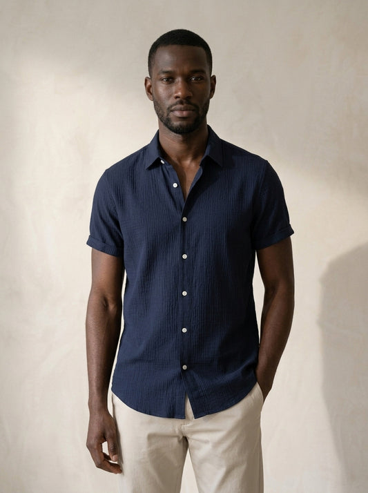 Azul-marinho | Camisa casual Varenna azul-marinho – vista de frente, recorte próximo