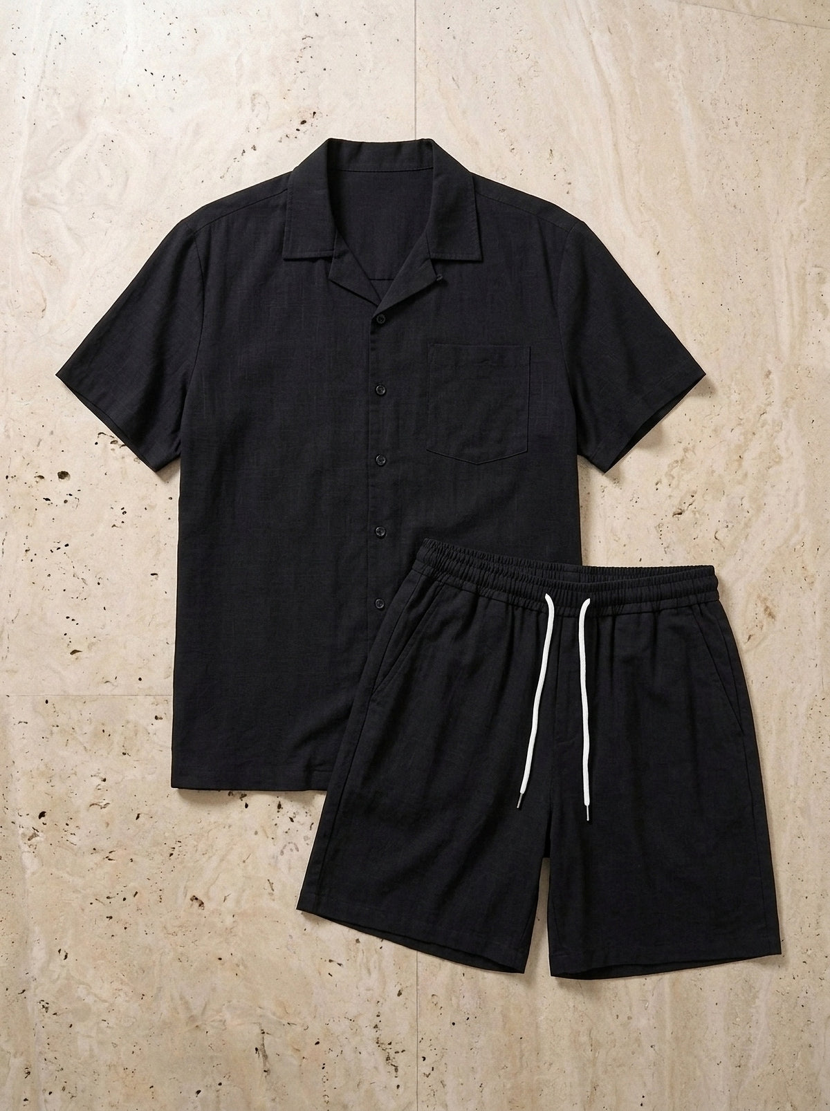 Preto | Conjunto camisa texturizada e short Vernazza preto – peça sozinha vista de cima