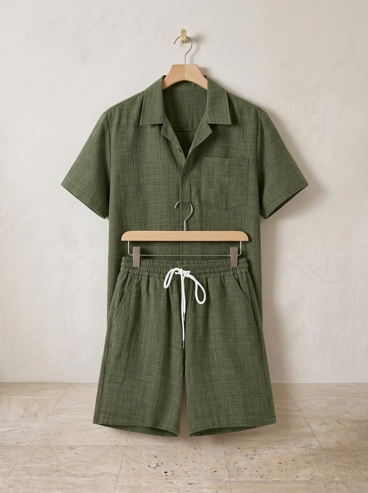 Verde-militar | Conjunto camisa texturizada e short Vernazza verde-militar – peça sozinha, foto de produto