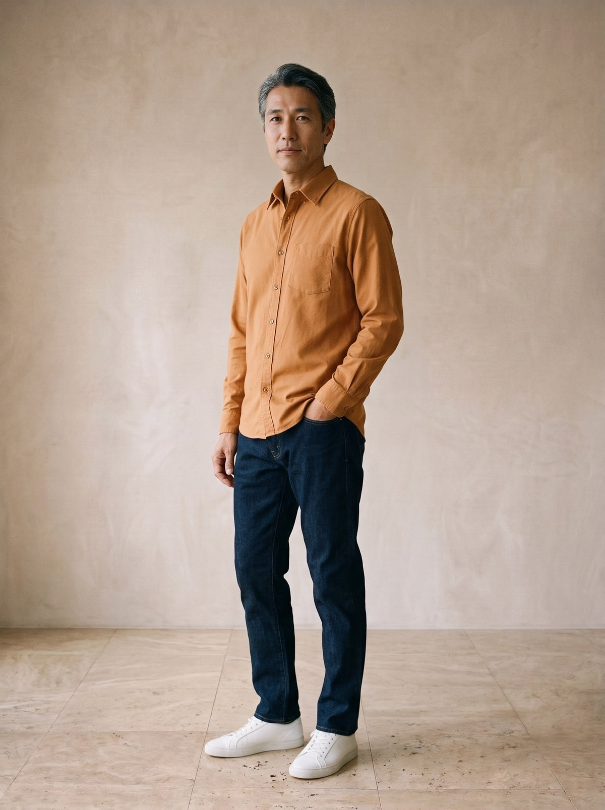 Laranja | Camisa oxford manga longa Verona laranja – vista três quartos