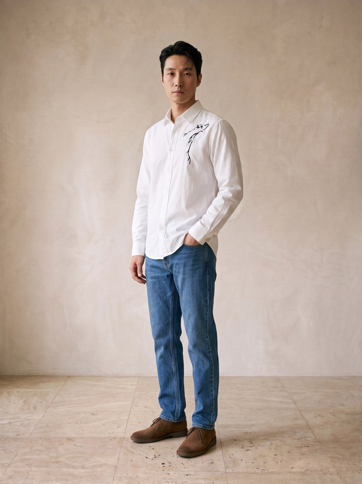 Branco | Camisa com bordado de bambu Vichy branco – vista três quartos