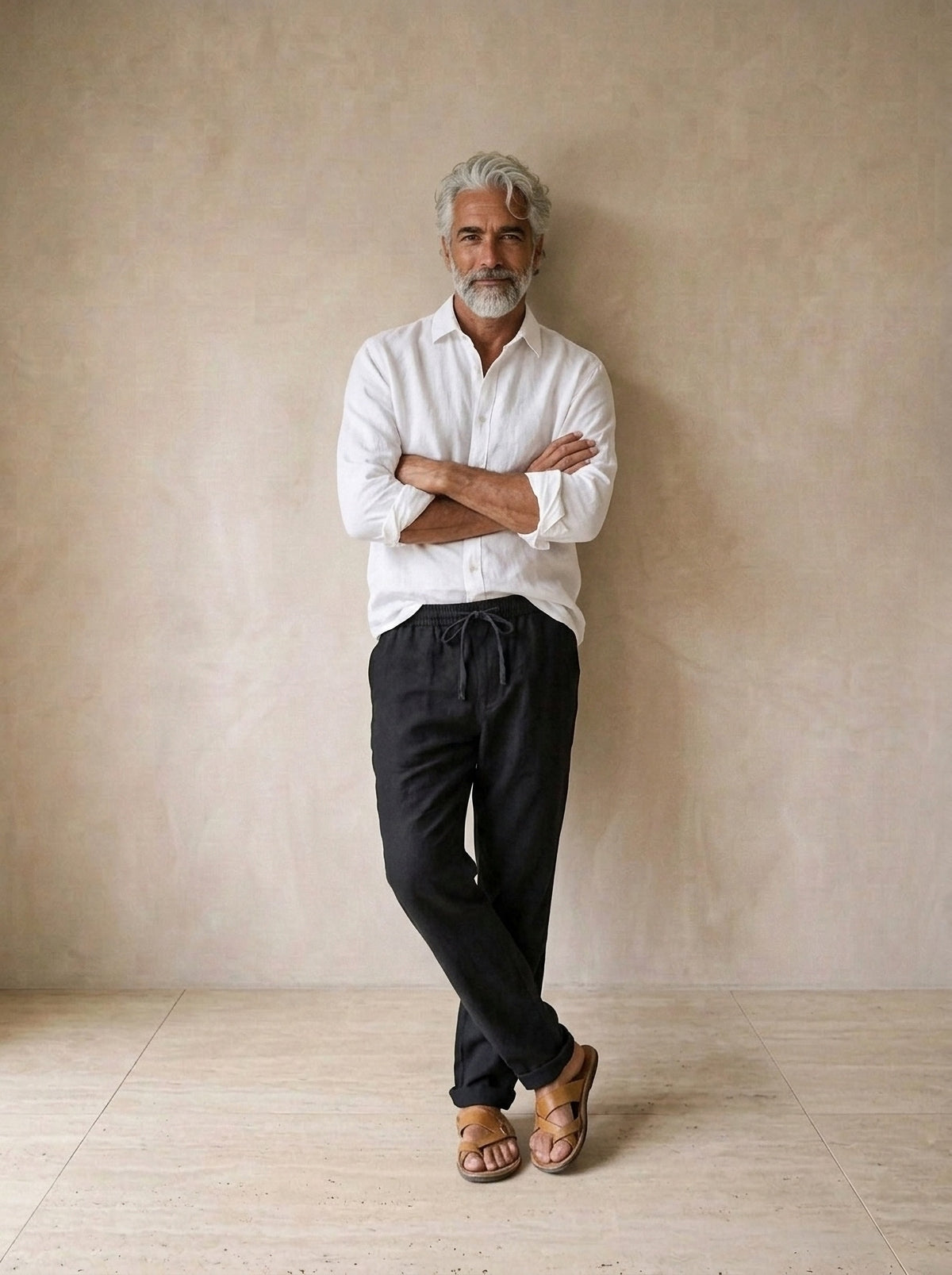 Preto | Calça de linho Viena preto – modelo encostado na parede