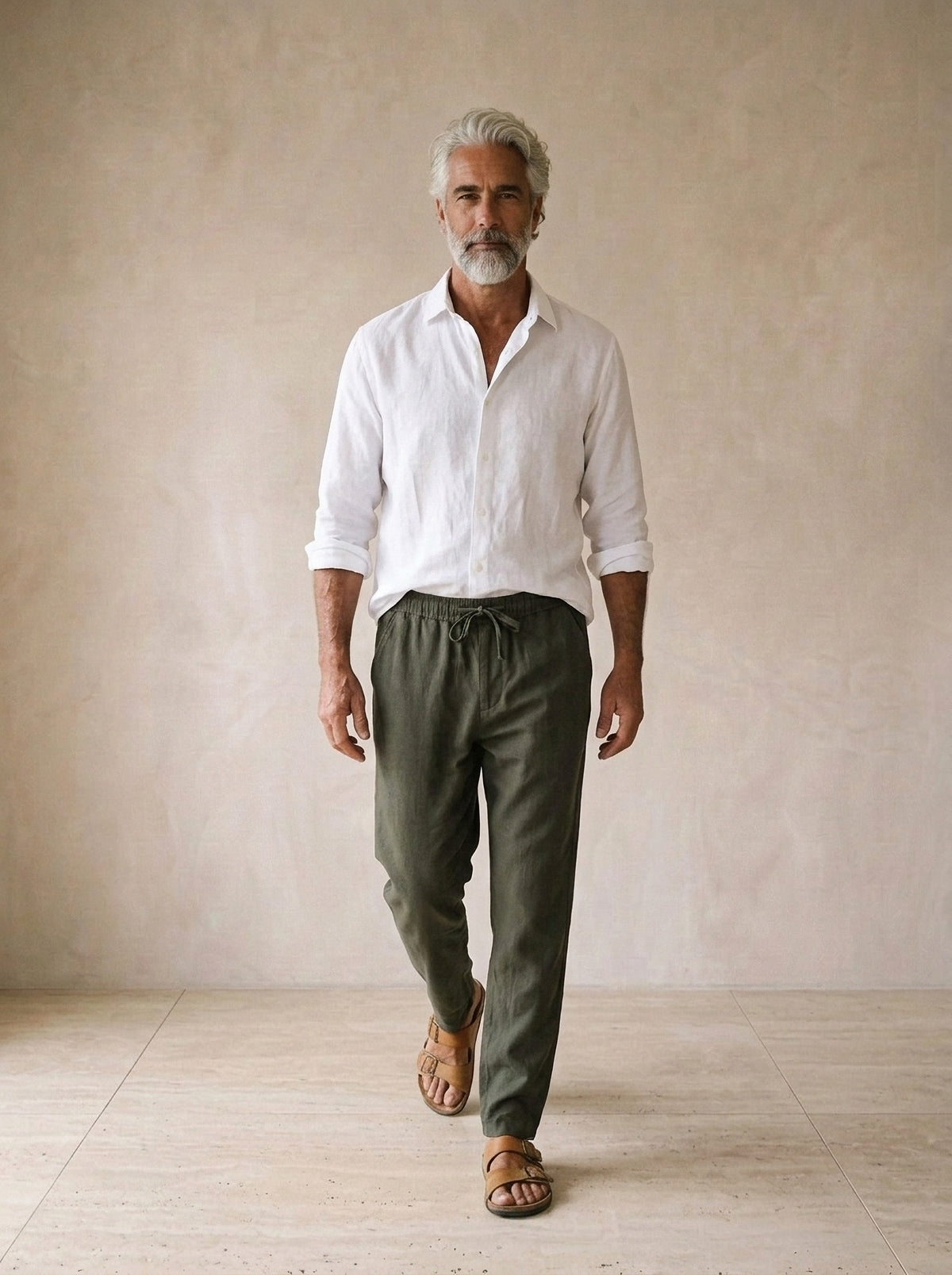 Verde | Calça de linho Viena verde – corpo inteiro, modelo caminhando