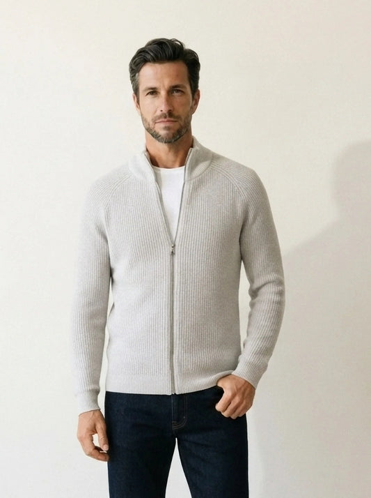 Cinza | Cardigan de tricô Vík cinza – vista de frente, recorte próximo