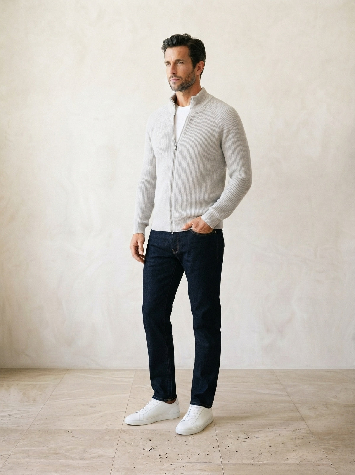 Cinza | Cardigan de tricô Vík cinza – vista três quartos