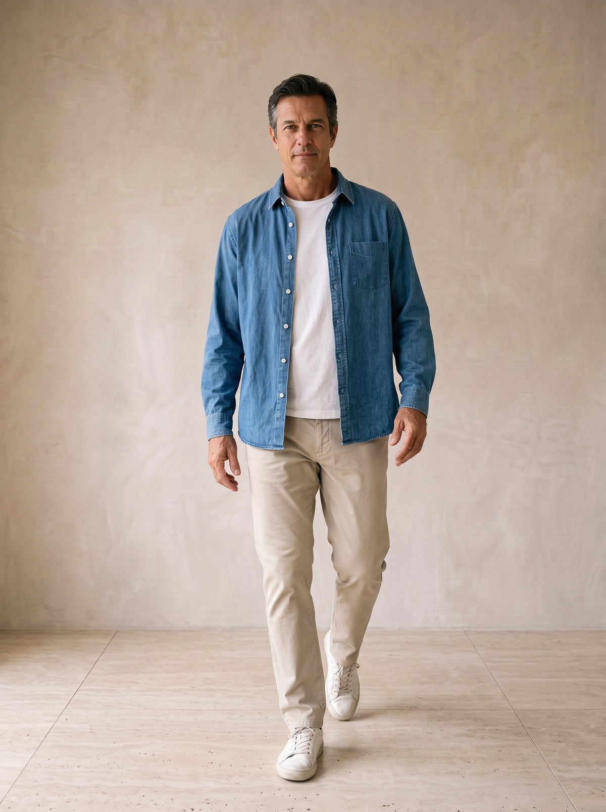 Azul | Camisa lavada manga longa Villefranche azul – corpo inteiro, modelo caminhando