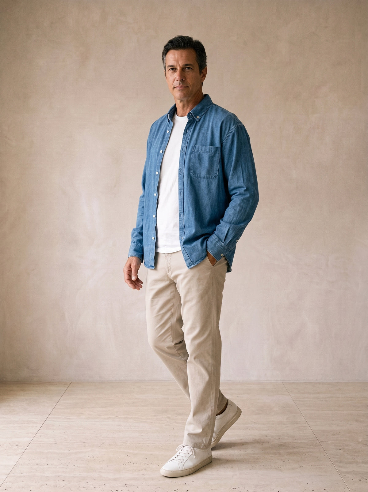 Azul | Camisa lavada manga longa Villefranche azul – vista três quartos